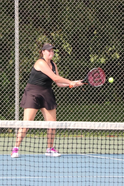 Anna Butz, shown here earlier this season, notched an 8-1 win over Emma Cook in the No. 2 singles in the Tigers’ 8-1 win over Winterset. (Joel Stevens/ The Red Oak Express)